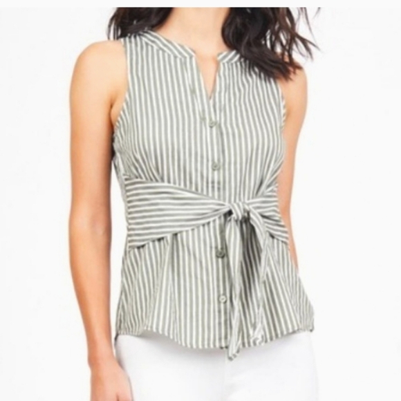 Sanctuary Army Green Front Tie Striped Cotton Sleeveless Tank Top, New Medium - Picture 1 of 15